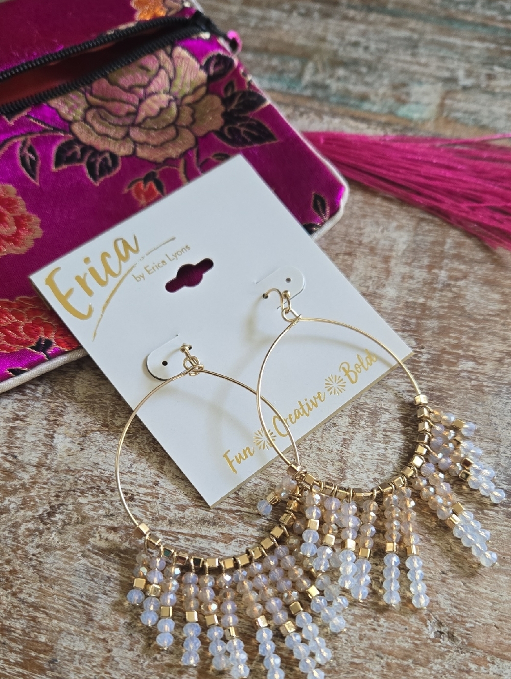 NWT Erica Lyons Beaded Fringe Hoop Earrings With Silk Pouch (BIN 010)